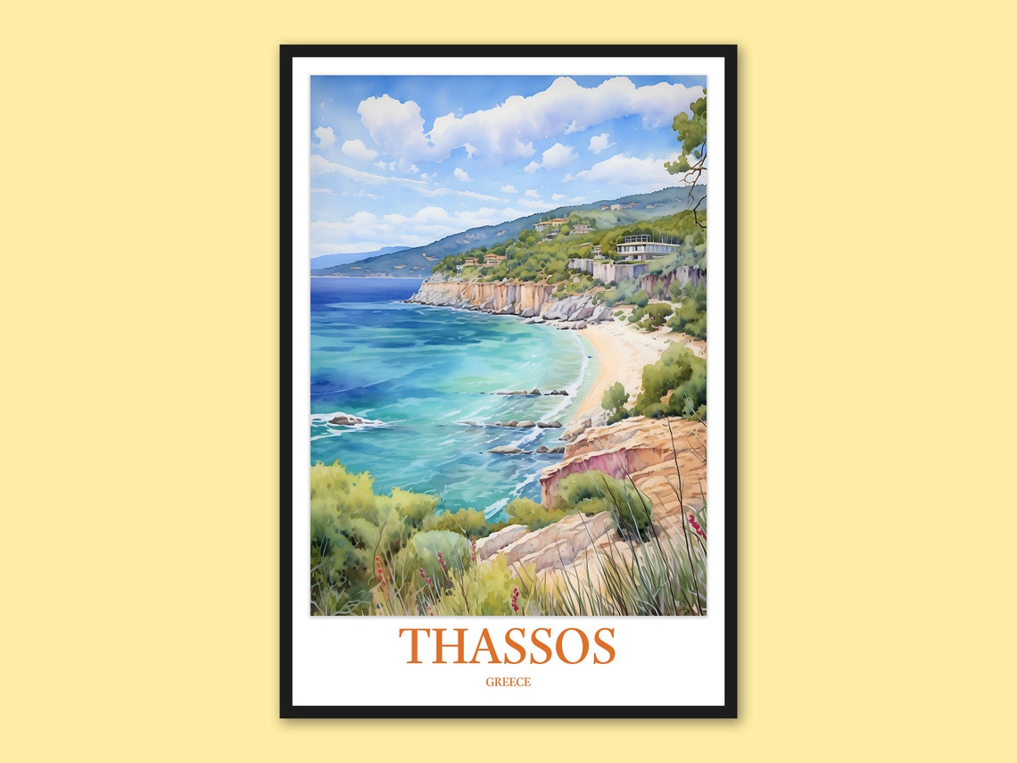 Thassos Greece Turquoise Bay Cliffs Watercolor Travel Poster