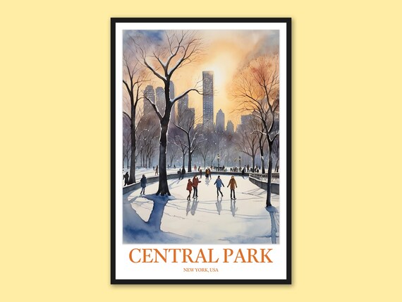 Central Park Winter Ice Skating Pond Sunset New York Travel Poster