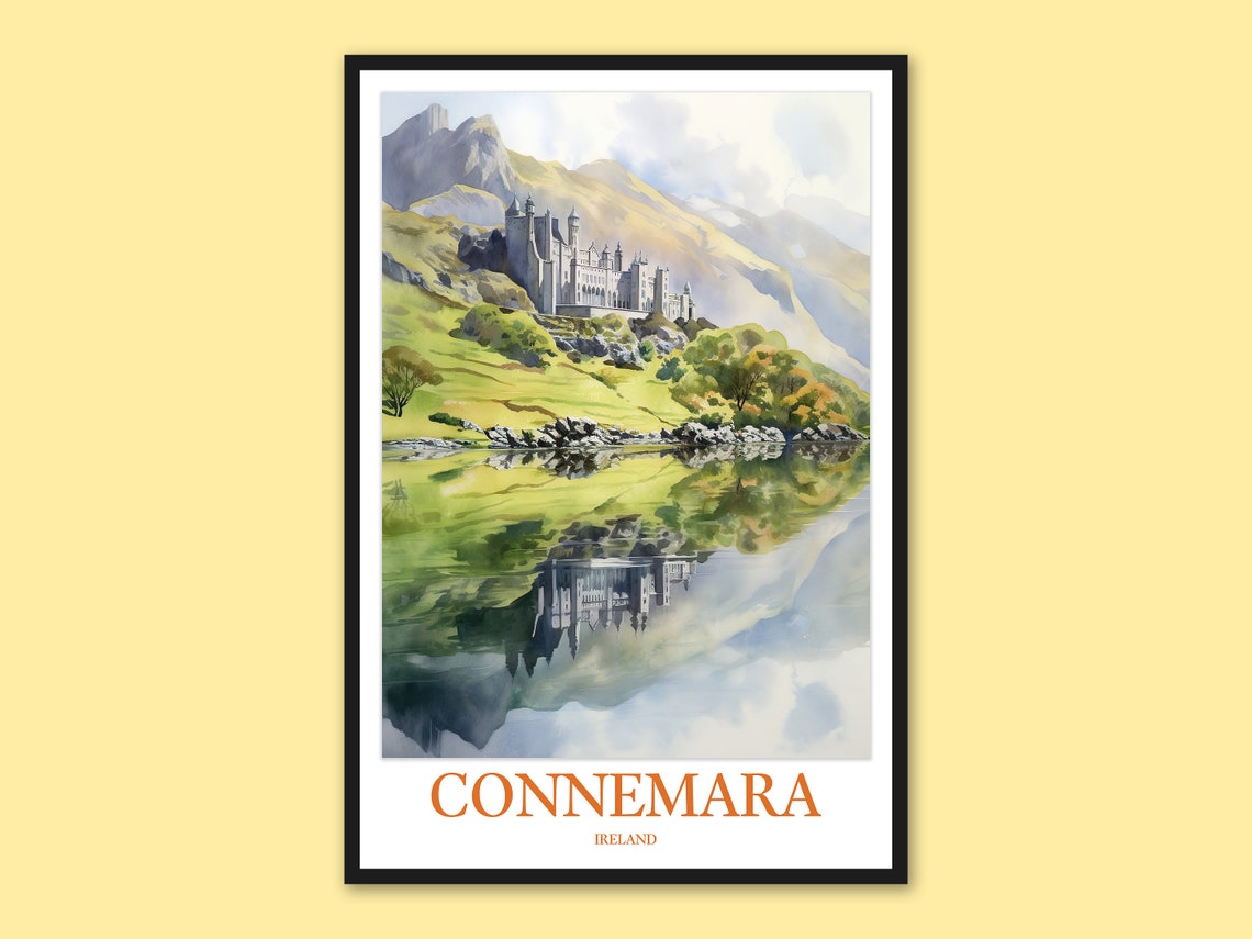 Connemara Ireland Kylemore Abbey Still Lake Reflection Travel Poster