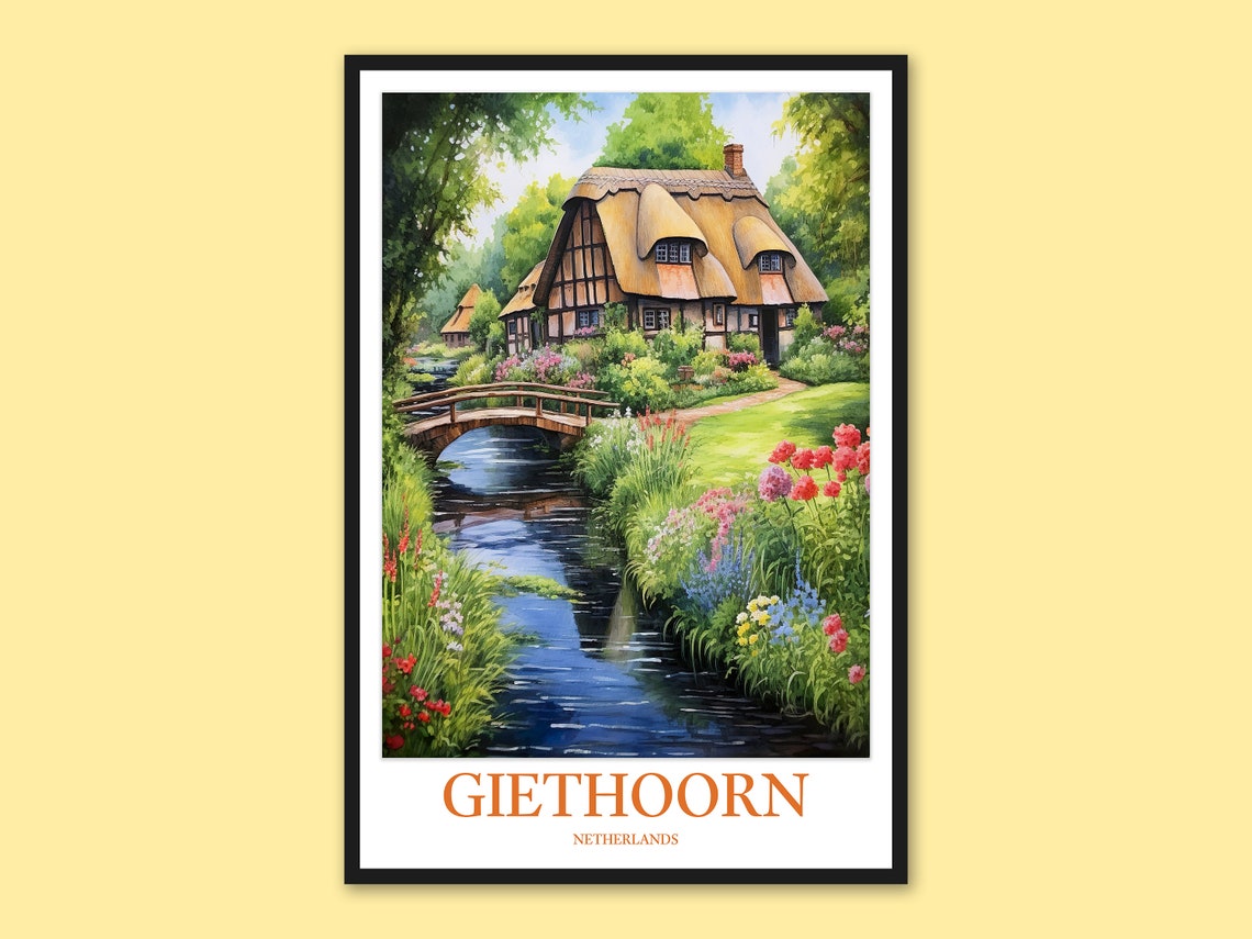 Giethoorn Netherlands Thatched Cottage Canal Village Scene Poster