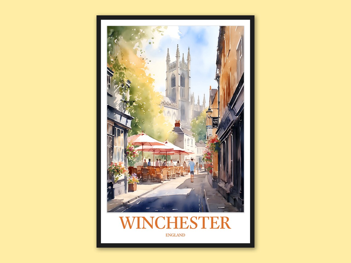 Winchester England Cathedral Street Cafe Sunny Watercolor Poster