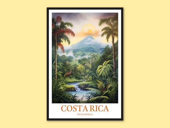 Costa Rica Arenal Volcano Dusk River Misty Jungle Watercolor Travel Poster