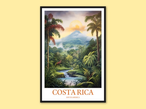 Costa Rica Travel Poster Arenal Volcano Wildlife Forest Print
