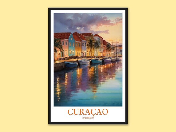Curacao Sunset Harbor Boats Evening Glow Caribbean Travel Art Poster