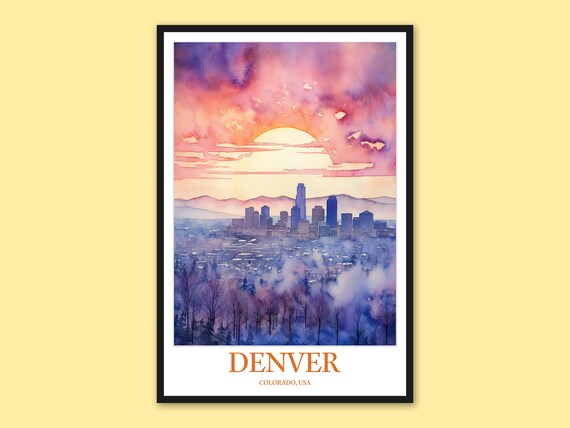 Denver Colorado Misty Cityscape Sunrise Over Mountains Travel Poster