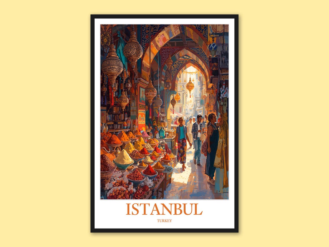 Istanbul Bazaar Arched Arcade Spice Mounds and Shoppers Travel Poster
