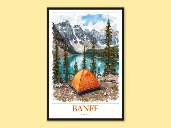 Banff Canada Orange Camping Tent By Turquoise Lake Scene Poster