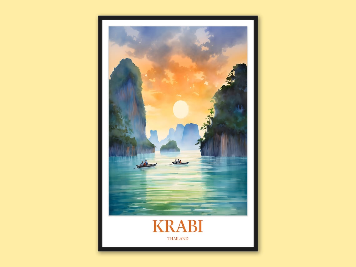 Krabi Thailand Sunset Karst Islands Longtail Boats Travel Poster