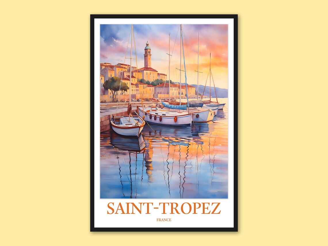Saint-Tropez Sunset Harbor Boats Reflections Travel Poster France