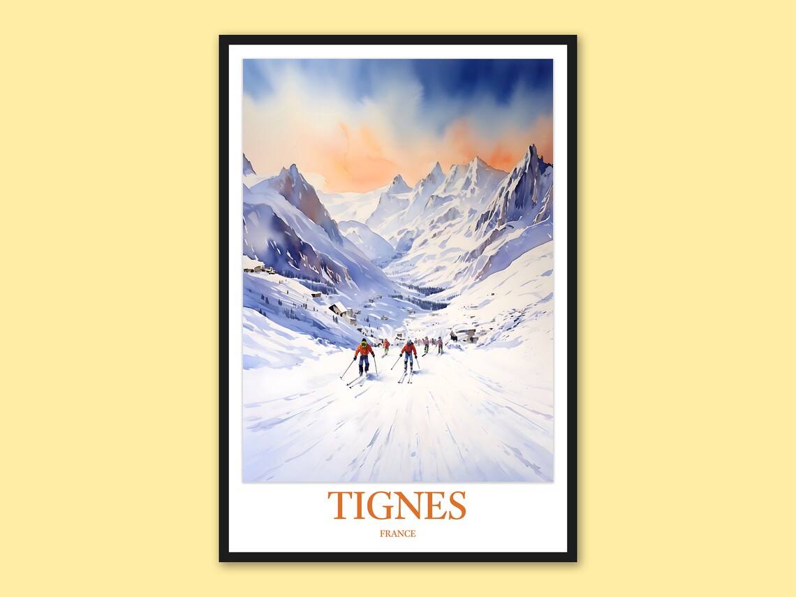 Tignes France Skiers on Snowy Mountain Slope Watercolor Poster