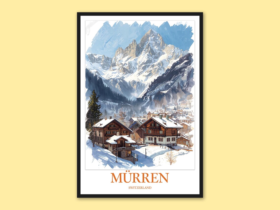 Murren Village Beneath Snowy Peak Swiss Winter Travel Poster