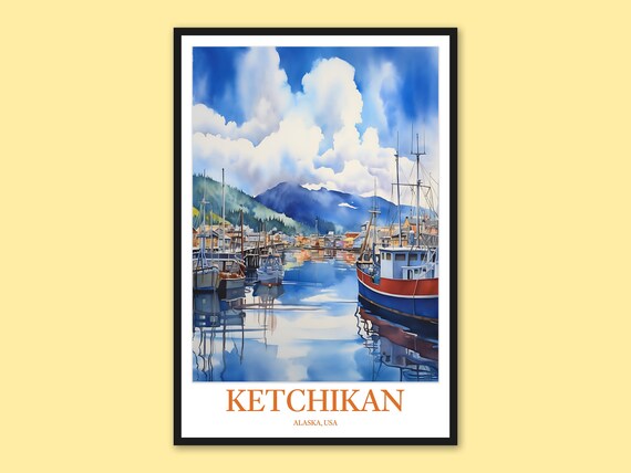 Ketchikan Alaska Calm Harbor Reflections Watercolor Art Poster