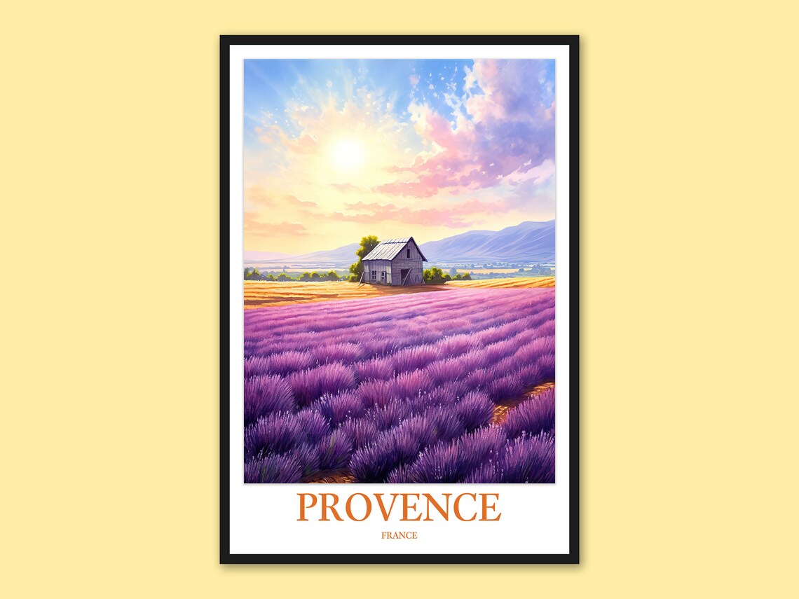 Provence France Sunny Lavender Field Barn Watercolor Travel Poster