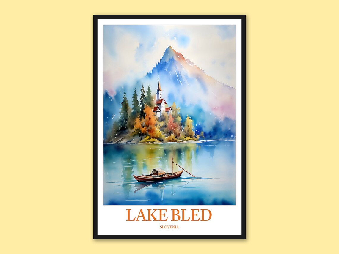 Lake Bled Slovenia Island Church Boat Watercolor Travel Poster