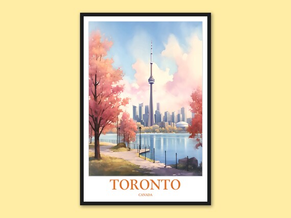 Toronto CN Tower Spring Blossom Lake Watercolor Travel Poster