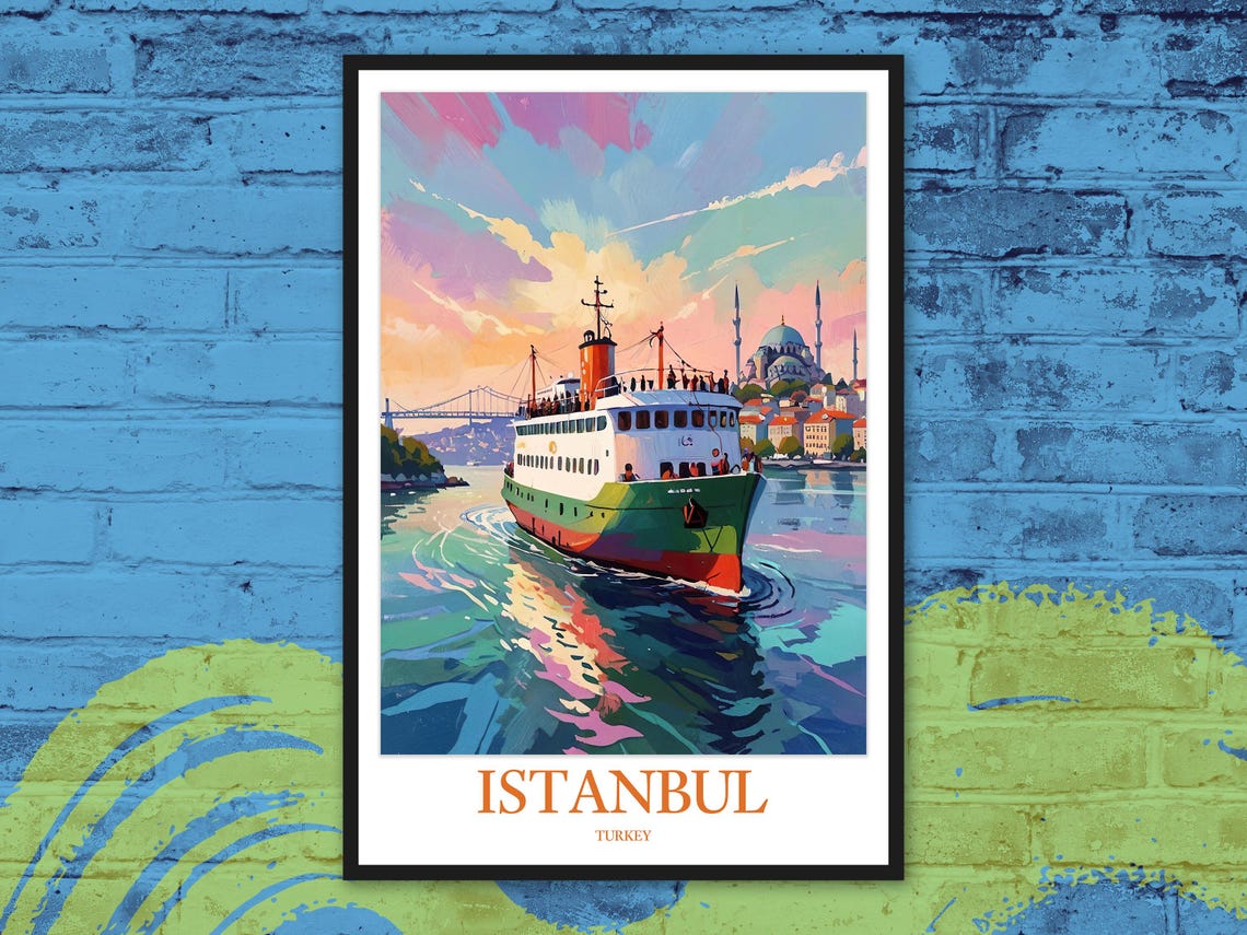 Istanbul Bosphorus Ferry Sunset Cruise Vintage Travel Art Poster