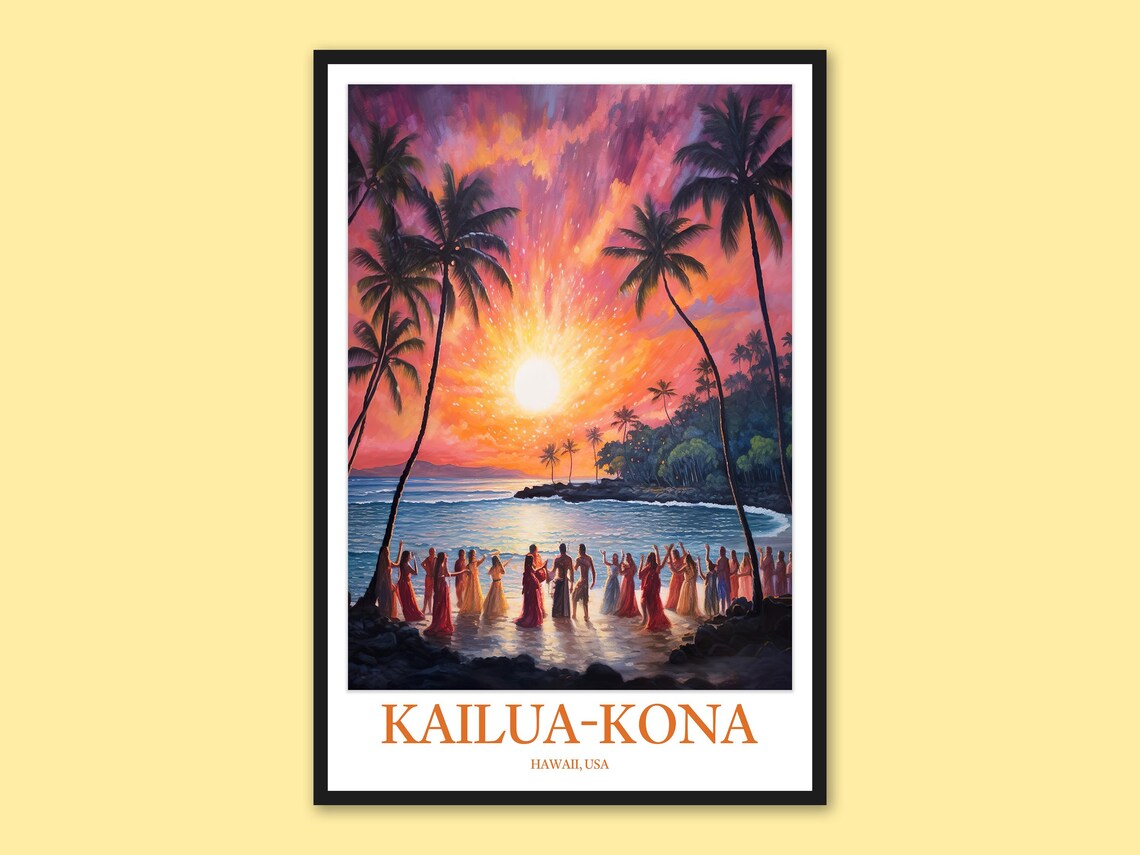 Kailua Kona Sunset Hula Dancers on the Shore at Golden Hour Poster