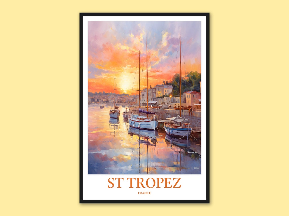 St Tropez Orange Sunset Sailboat Reflections Harbor Watercolor Poster