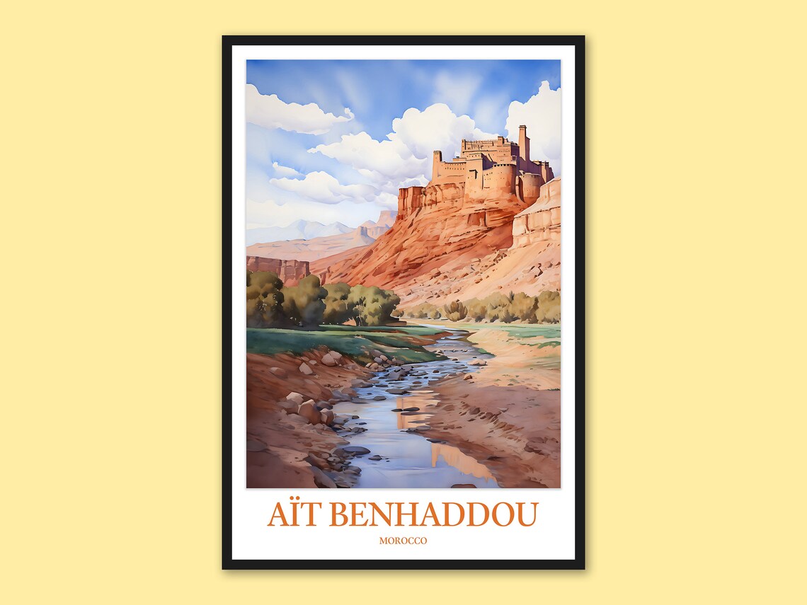Ait Benhaddou Morocco Desert Kasbah River Stream Watercolor Travel Poster