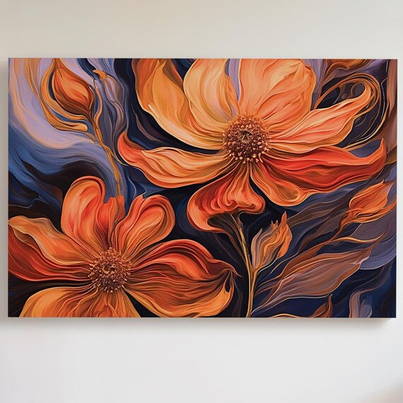 Bold Orange Floral Abstract Painting Dark Background Bloom Art Print