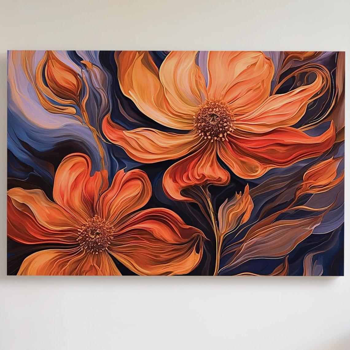 Bold Orange Floral Abstract Painting Dark Background Bloom Art Print