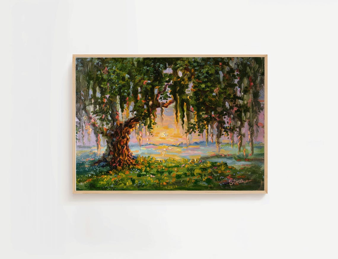 Spanish Moss Oak Tree Sunset Painting Southern Landscape Poster