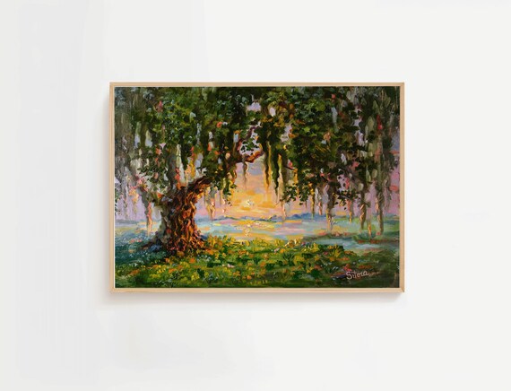 Spanish Moss Oak Tree Sunset Painting Southern Landscape Poster