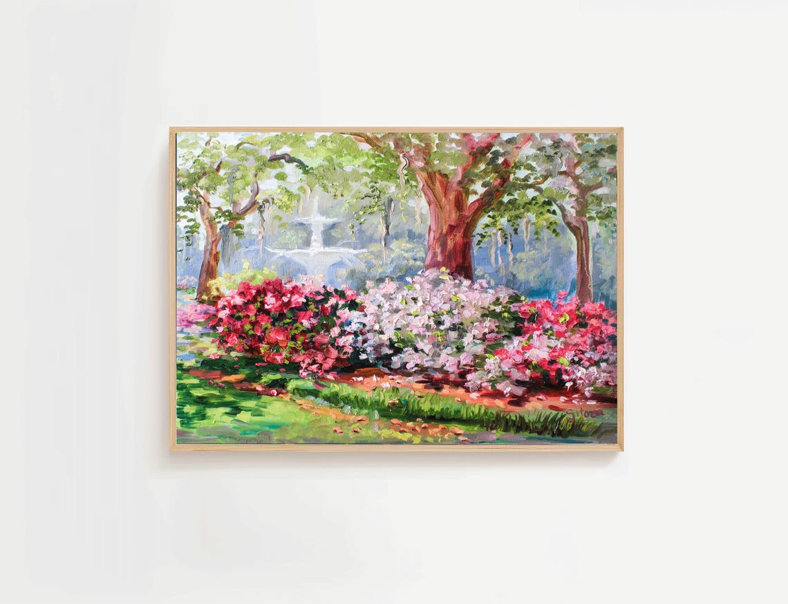 Pink Azalea Garden with Fountain Impressionist Flower Painting Poster