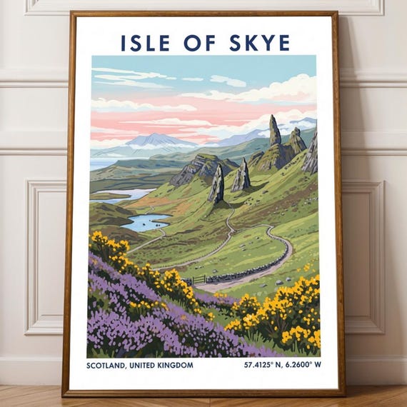Isle Of Skye Landscape Poster Green And Purple Illustration Scottish Travel Art Contemporary Wall Decor