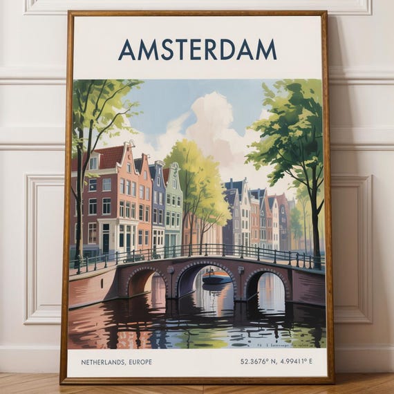 Amsterdam Canal Houses Art Print And Bluegreen European Cityscape Travel Gift For Lovers Home Decor Minimalist Dutch Poster