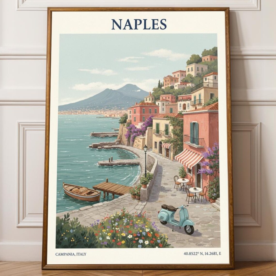 Naples Campania Italy Seaside Town Vesuvius Vespa Coast Travel Poster