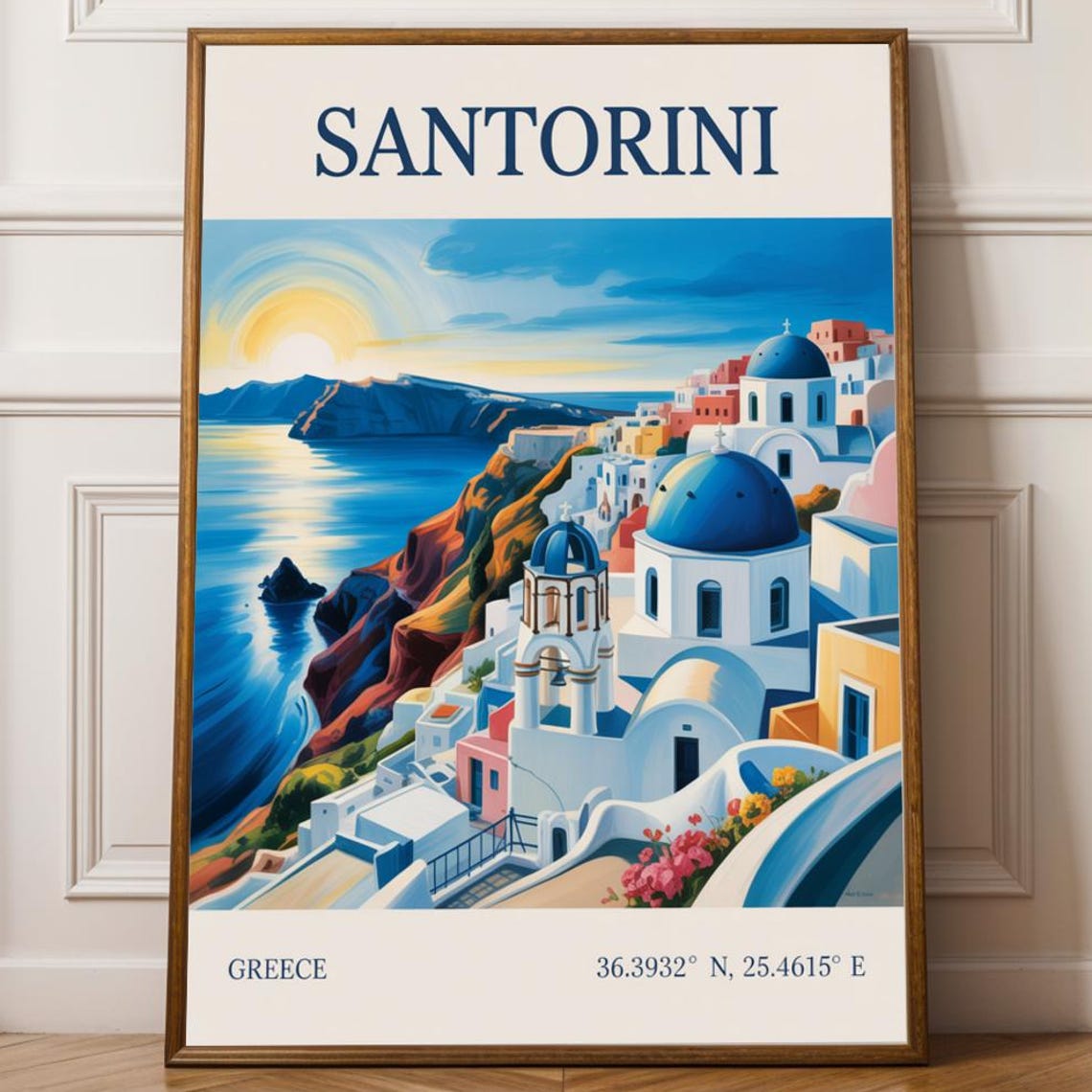 Santorini Greece Blue Domes Caldera Sunset Travel Poster Artwork