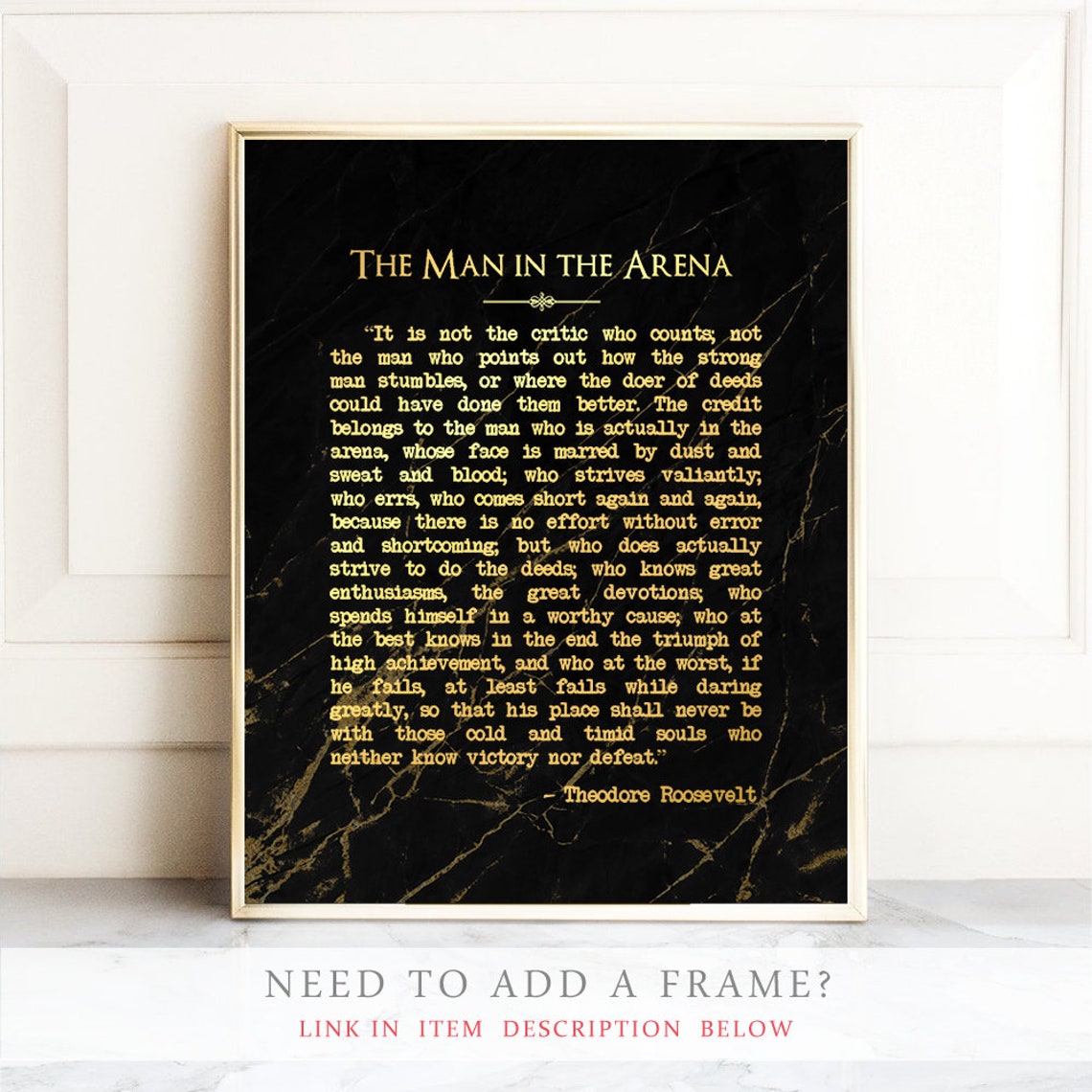 Theodore Roosevelt The Man In The Arena Gold Black Marble Wall Art - Image 2