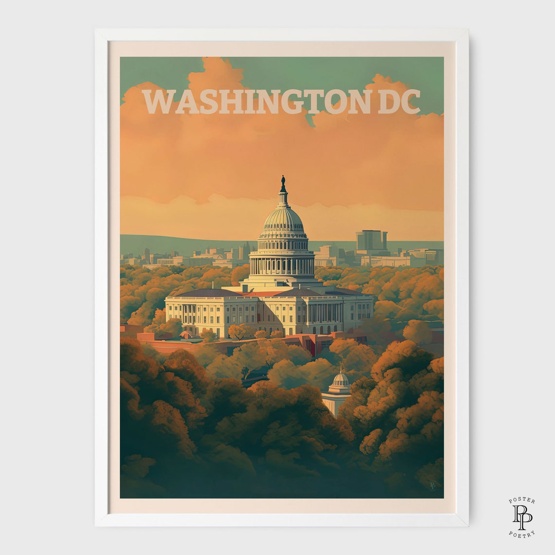 Washington DC US Capitol Dome Autumn Trees Sunset Skyline Poster - Image 2