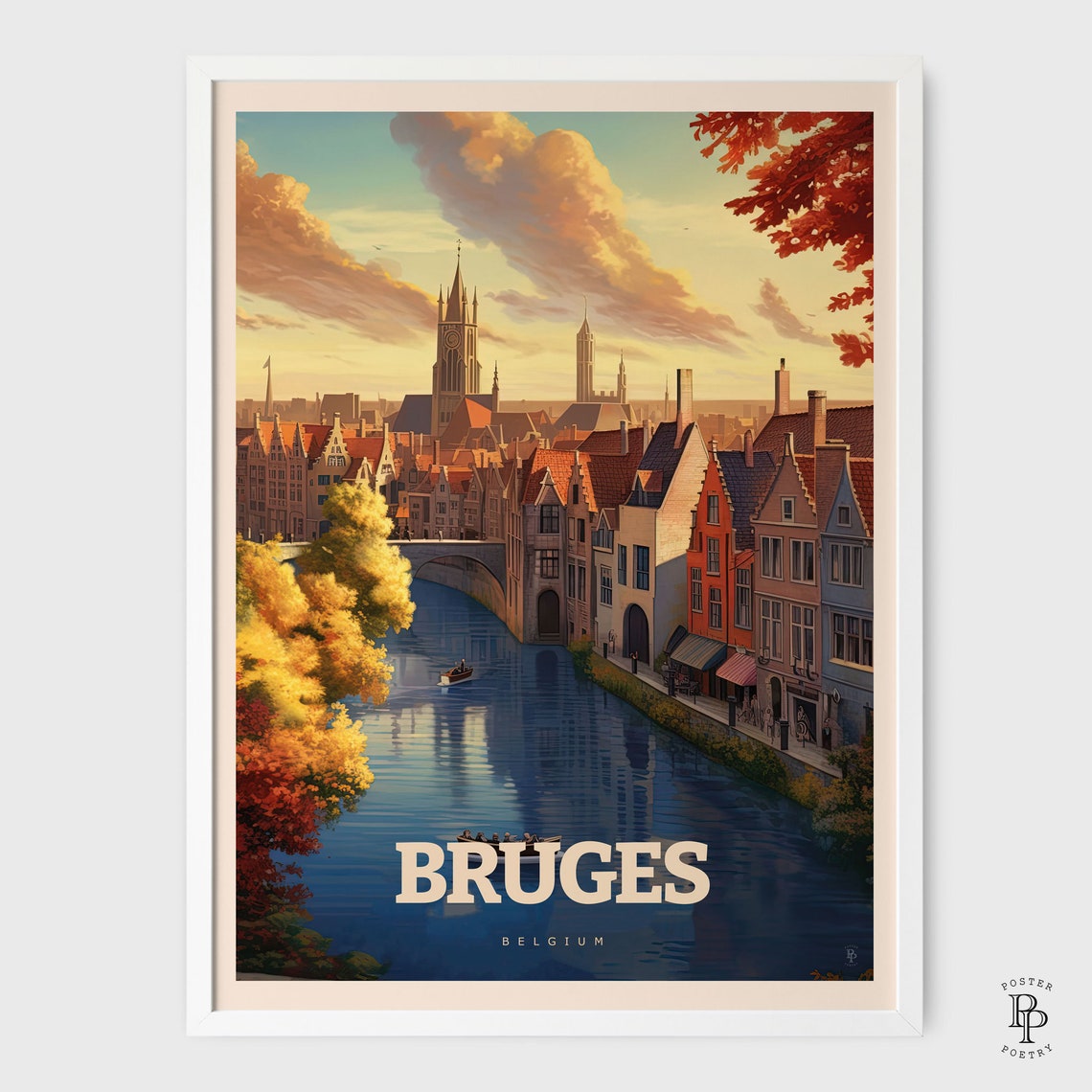 Bruges Belgium Medieval Canal Belfry Tower Autumn River View Poster - Image 2