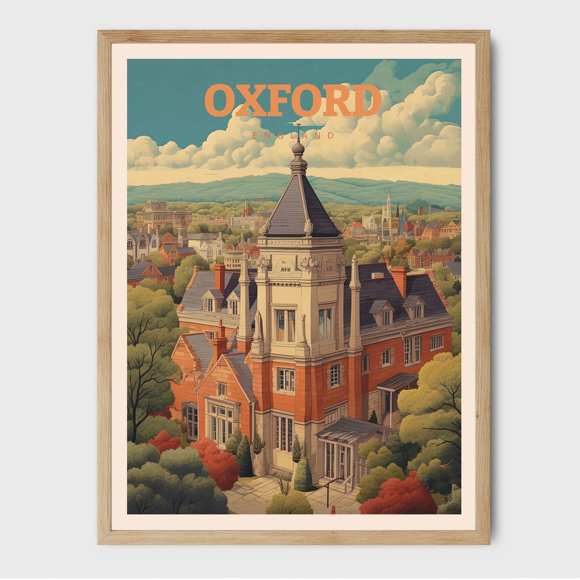Oxford England Historic College Clock Tower City Skyline Travel Poster