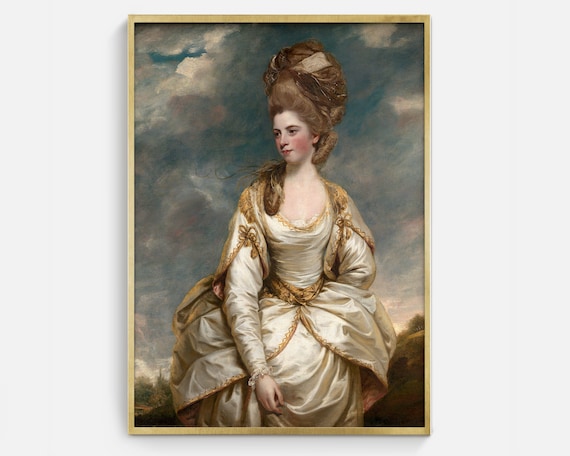 Georgian Lady White Satin Dress Powdered Hair Antique Portrait Oil Painting Poster