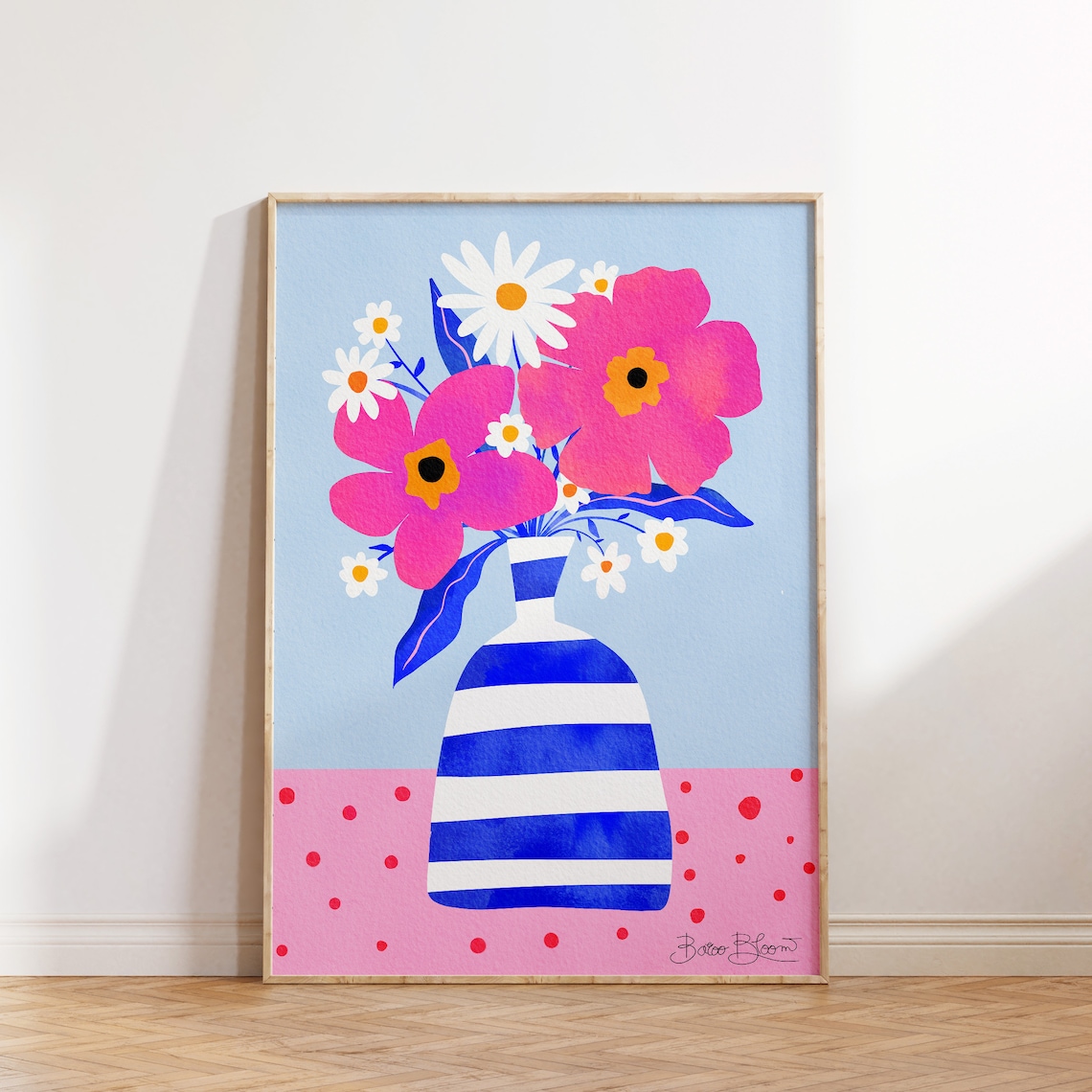 Maximalist Pink Flowers in a Striped Vase Art Print