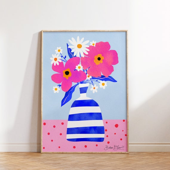 Maximalist Pink Flowers in a Striped Vase Art Print