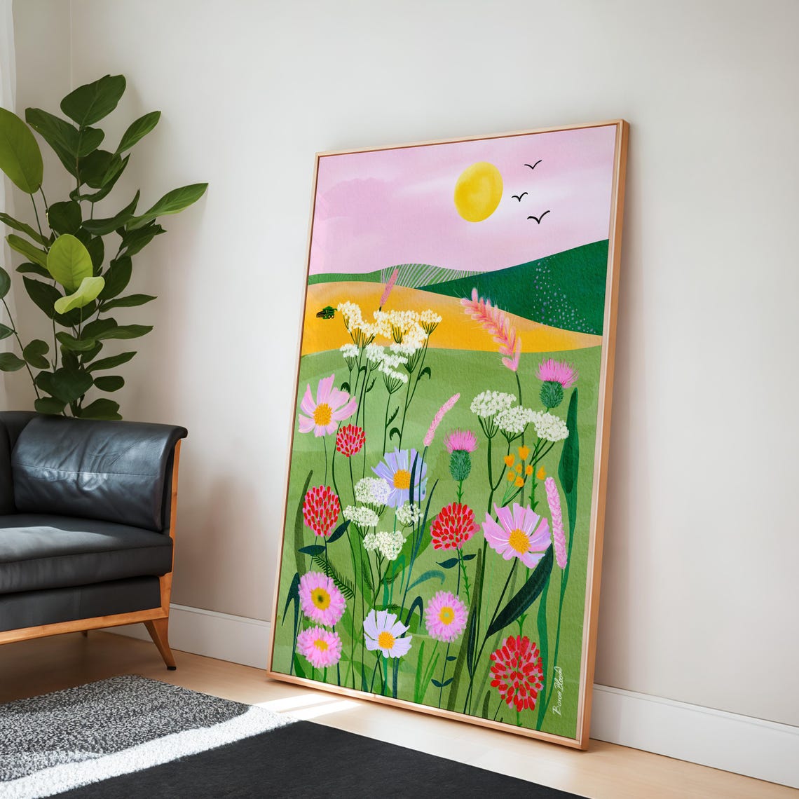 Whimsical Pink Meadow Wildflower Landscape Sunny Floral Art Poster