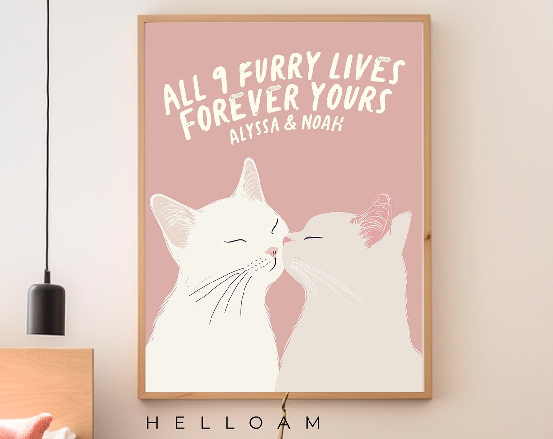 Personalized Cat Couple All 9 Furry Lives Forever Yours Pink Wall Art