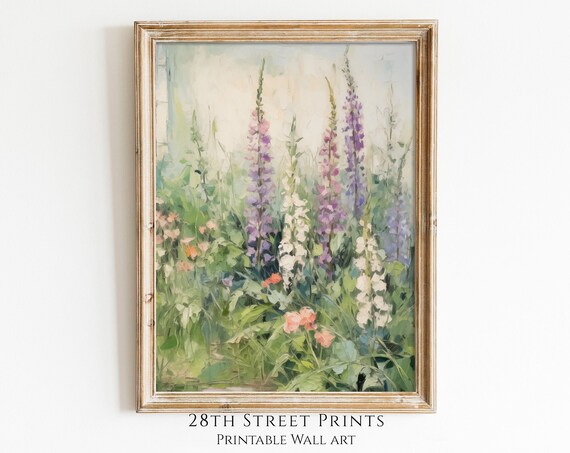Tall Snapdragon Garden Purple White Pink Blooms Vintage Floral Painting Poster