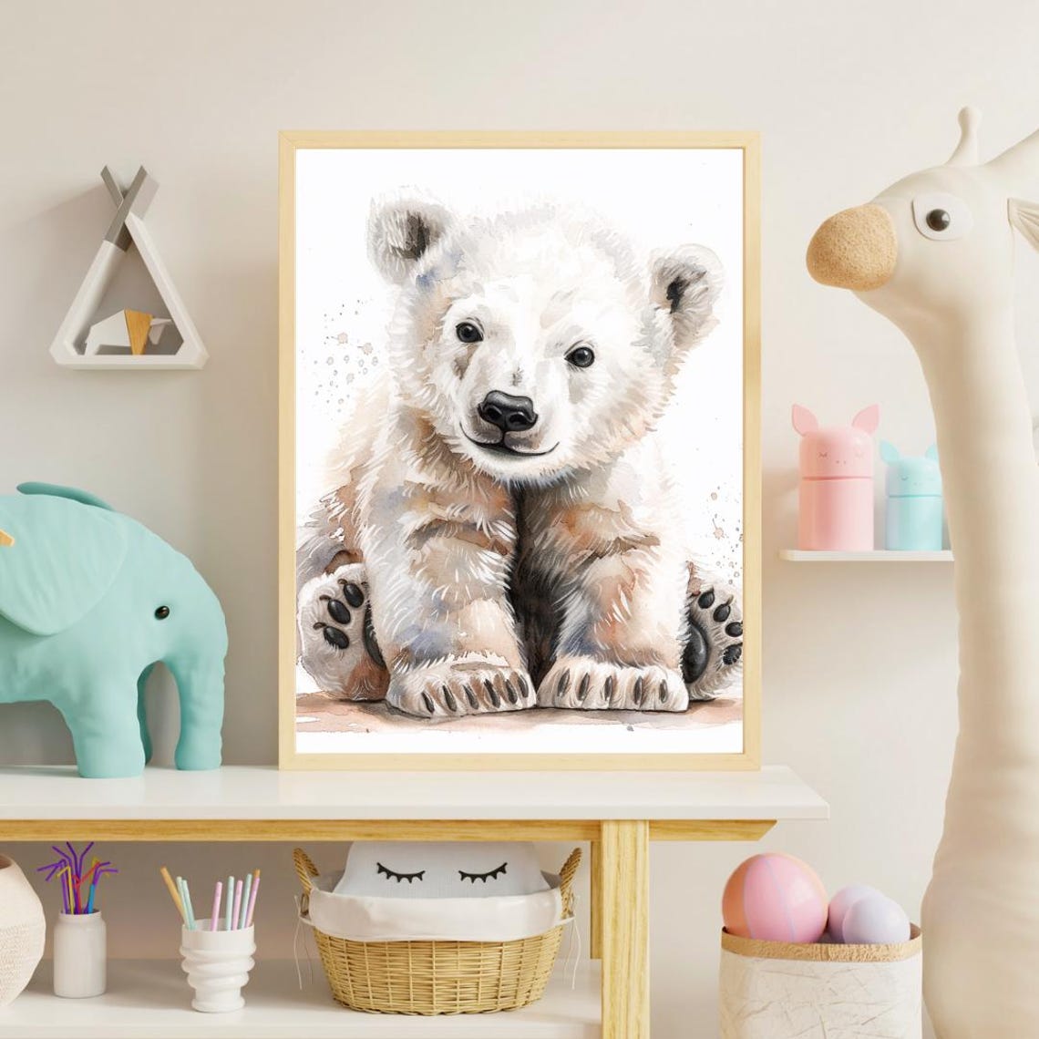 Smiling Polar Bear Cub Watercolor Sitting Cute Arctic Nursery Poster - Image 2