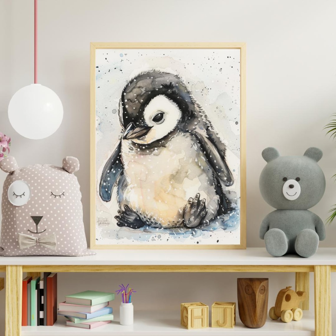 Baby Penguin Chick Watercolor Sitting Snow Cute Nursery Animal Poster