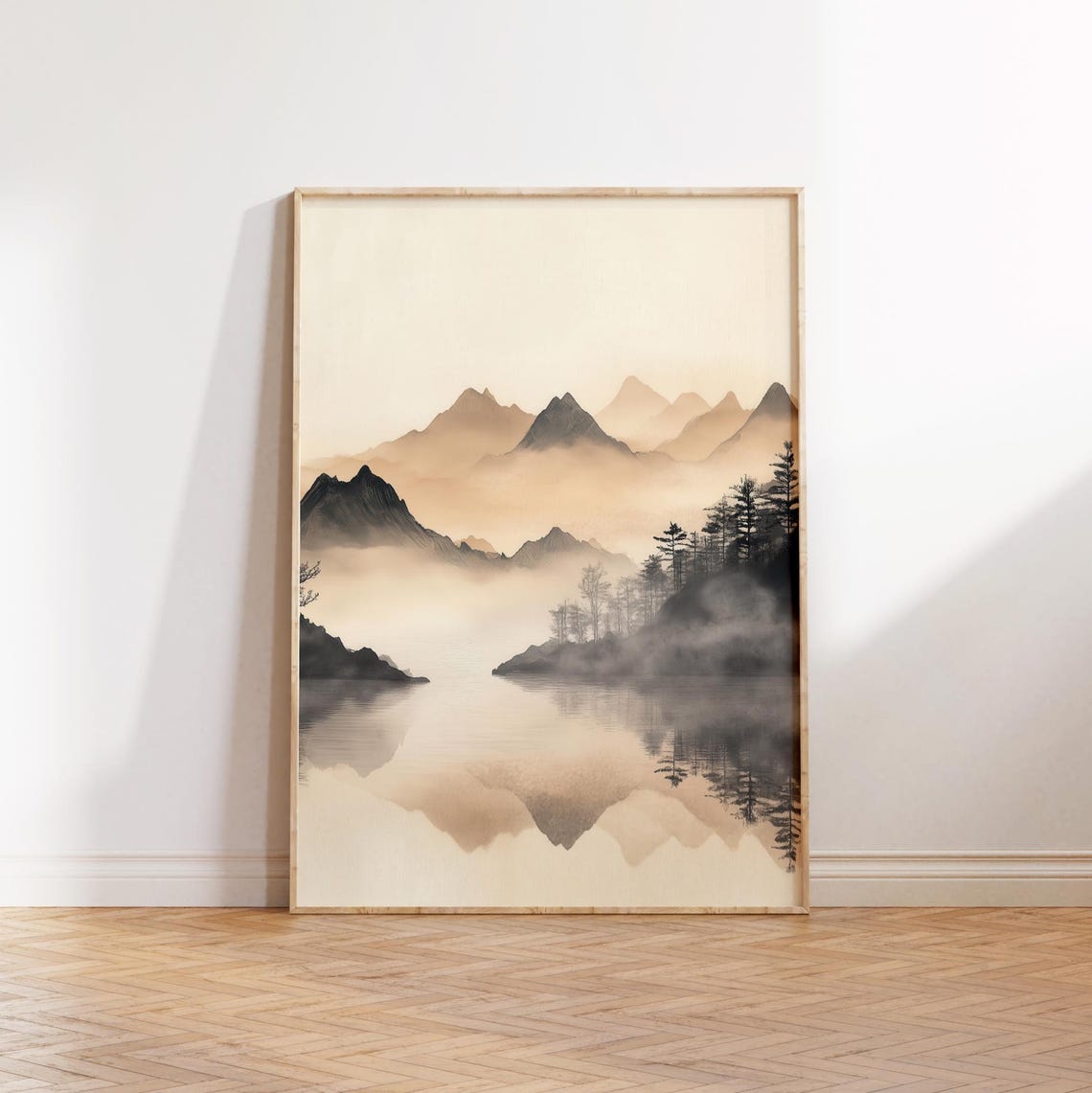 Misty Mountain Reflection Japandi Wall Art Minimalist Zen Landscape Tranquil Nature Print Neutral Modern Home Decor - Image 2
