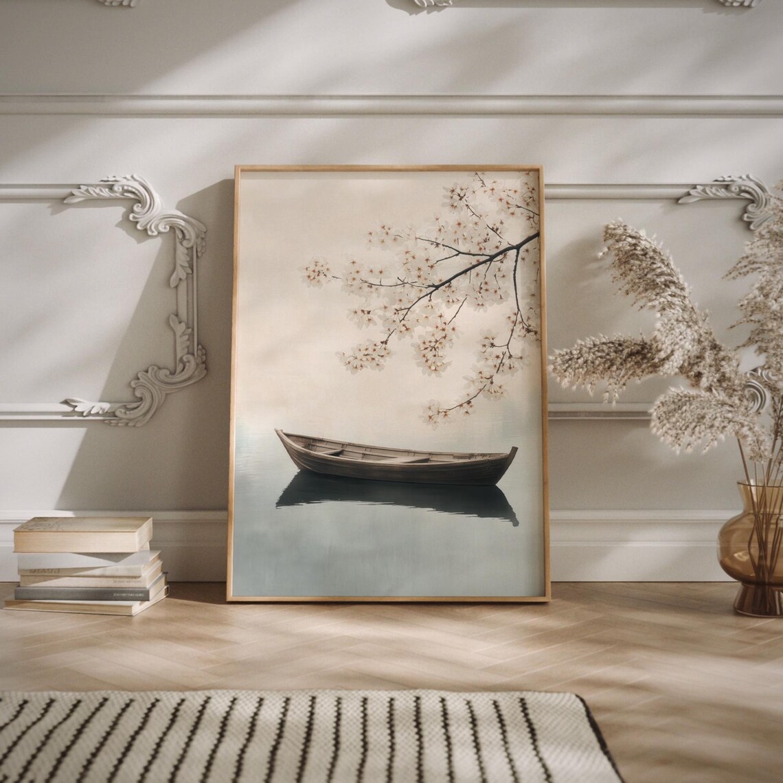 Peaceful Lake Dusk Boat, Japandi Minimalist Art Print - Image 2