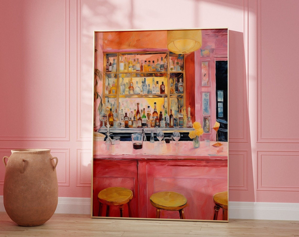 Charming Pink Cocktail Bar Interior Oil Painting Modern Print - Image 3