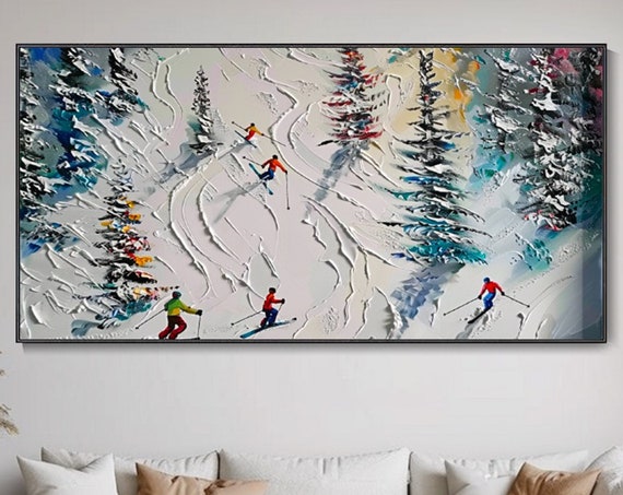 3d Hand Palette Knife Painting Original Skiing Snow Mountain Art Winter Ski Resort Party Oil Paint Abstract Textured Wall Art Unique