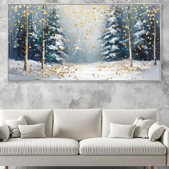 Horizontal 3d Textured Wall Art Large Long Wide Original Winter Forest Painting On Panoramic Snowy Pine Trees Wall Art Starlit Art
