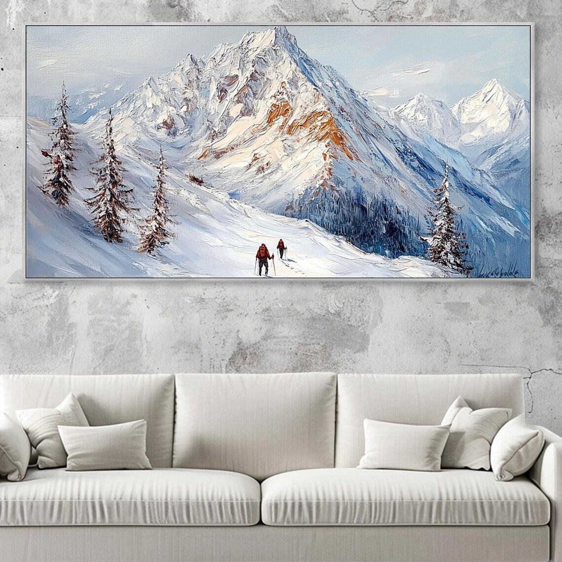 Mountain Hikers Painting Hiking Oil Painting On 3d Texture Snow Mountain Art Large Living Room Wall Art Texture Look Art Outdoor Art